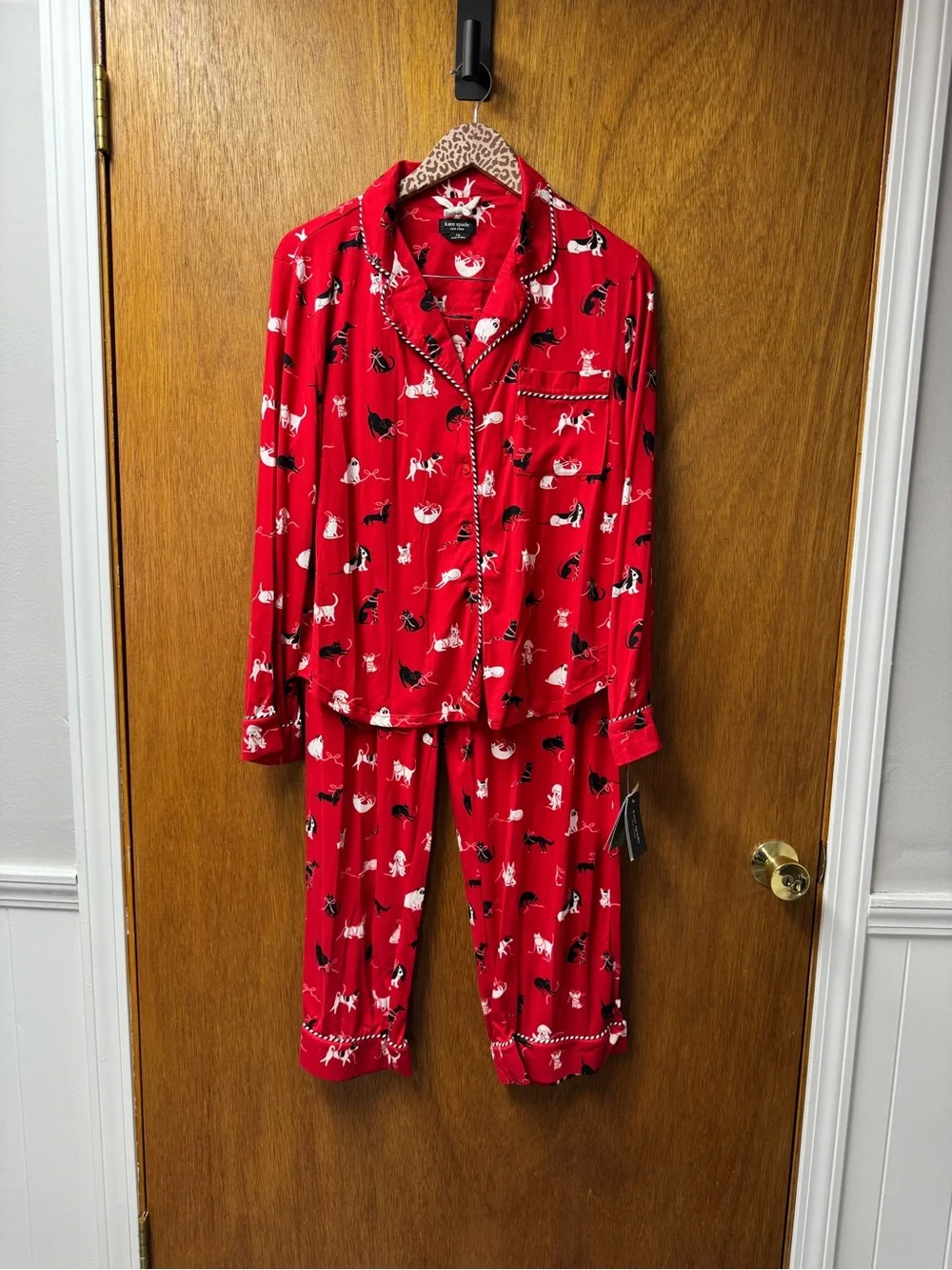 Kate Spade New York Holiday Cozy Jersey Pajama Set Cats Dogs Red Multi Large NEW